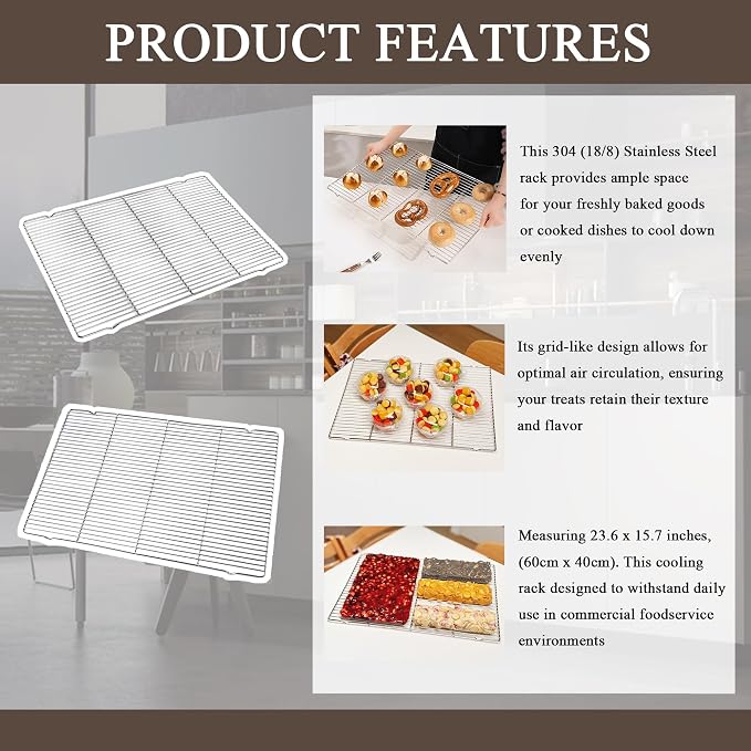 Set of 2 Large sized Cooling Racks, for Cooking, Roasting, Drying, Rust-Resistant 304 (18/8) Stainless Steel Cooling Grilling for Baking, Heavy Duty Tight-Wire, Oven safe, 23.6 x 15.7 inches