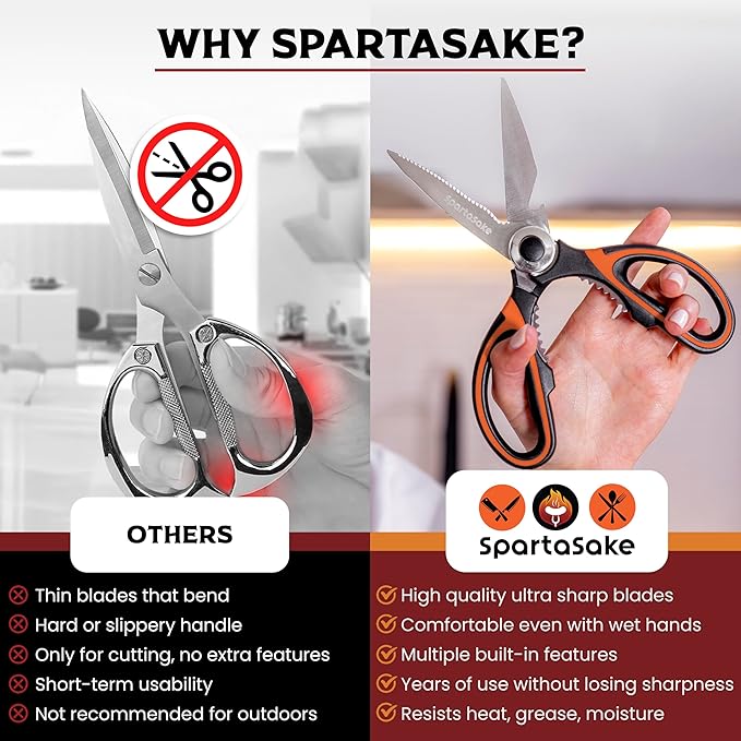 SpartaSake Premium Stainless Steel All Purpose Kitchen Shears with Sleeve - Heavy Duty Ultra Sharp kitchen Scissors for Food - Multipurpose Food Scissors for Meat Poultry Vegetable (Black-Orange)