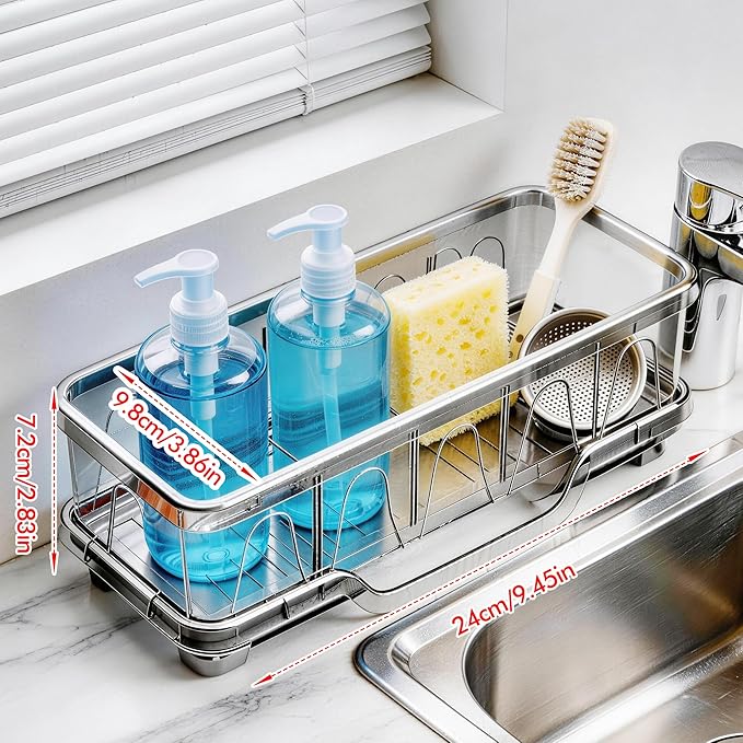 Kitchen Sink Sponge Holder, Sink Caddy Organizer with Compartments, Self-Draining and Easy-Clean Design, Sink Caddy for Kitchen Sink, Bathroom, Vanity, Countertop Storage, Kitchen Sink Caddy Organizer