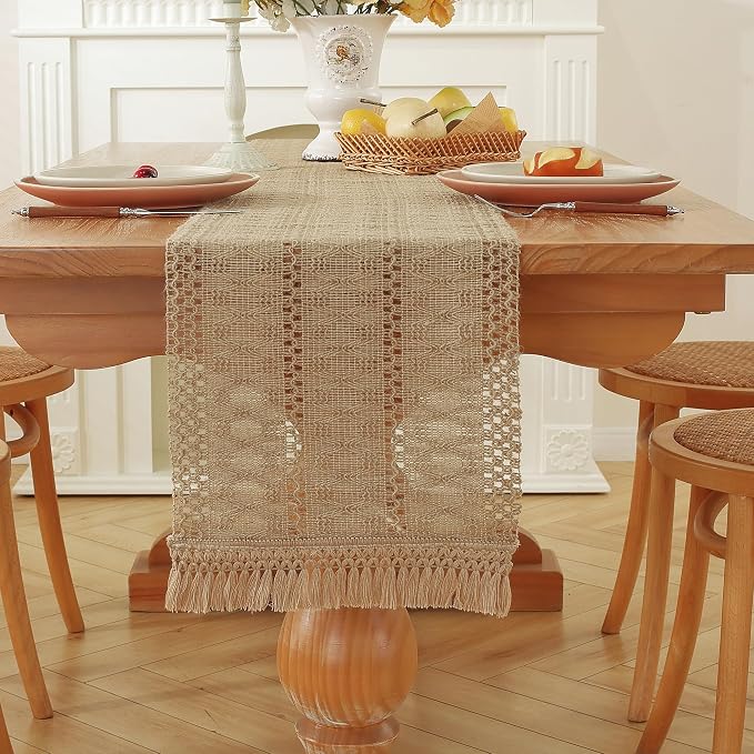 Niviy Burlap Boho Table Runner for Home Decor with Tassels 72 Inches Long, Modern Farmhouse Decor Rustic Macrame Woven Coffee Table Runners for Spring Dining Table Decoration, Burlap Brown