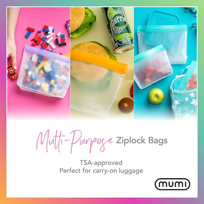 MUMI Piccolo Reusable Zip Up Bags – Set of 3 Silicone Ziplock Bag | Reusable Ziploc Bags for Food Storage, Freezer, & Snacks | BPA-Free Airtight Silicone Storage Bag for Travel & Meal Prep - Orange