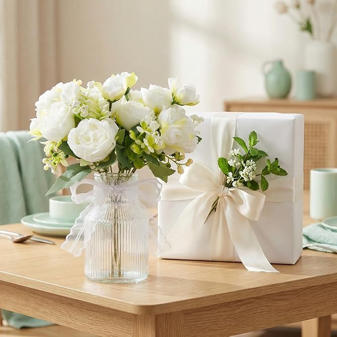 Small Fake Flowers in Vase,2 Packs Pink Peonies Artificial Flowers with Vase, Silk Artificial Peonies Flowers for Desk Bathroom Home Decor Indoor (White)