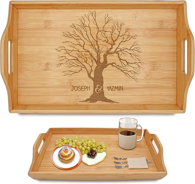 Personalized Bamboo Wood Serving Tray with Handles, Engraved Wooden Trays, Wedding Gifts, Housewarming Gifts (Tree)