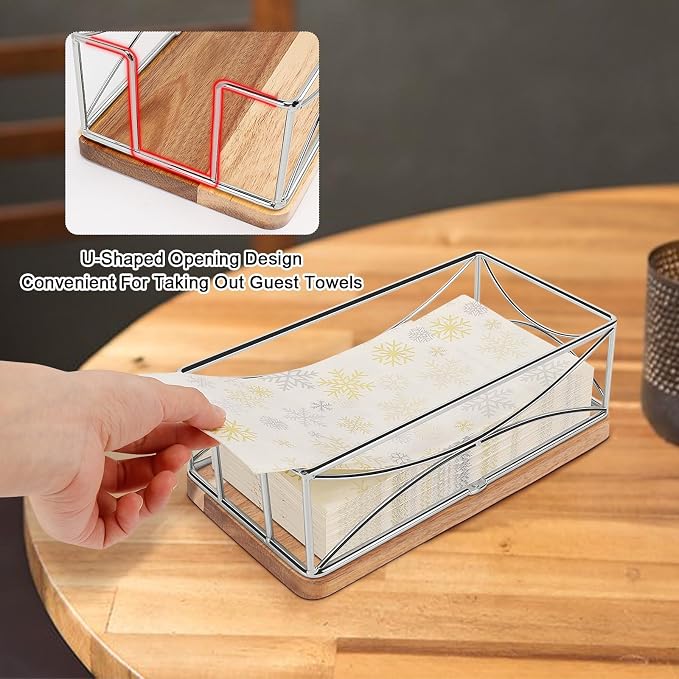 Livabber Guest Napkin Holder, Metal Bathroom Paper Hand Towel Storage Modern Napkin Tray Caddy for Countertop, Table Kitchen, Dinning Room (Chrome, Wooden Base)