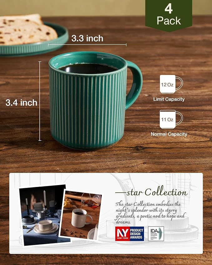 famiware Coffee Mug Set for 4, Star 12 oz Catering Mugs Cup Set with Handle for Coffee, Tea, Cocoa, Milk- Ceramic Stoneware Drinkware Set, Sage Green