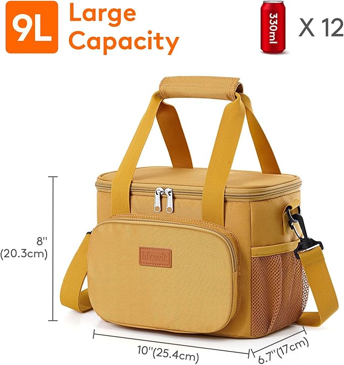 Lifewit Medium Lunch Bag, Insulated Lunch Box, Soft Cooler Cooling Tote for Adult Men Women, Brown 12-Can (9L)