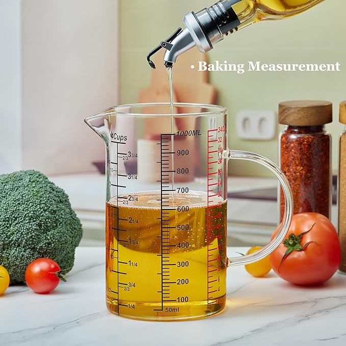 Ackers BORO3.3 Glass Measuring Cup-[Insulated handle | V-Shaped Spout]-Made of High Borosilicate Glass Measuring Cup for Kitchen or Restaurant, Easy to Read, 1000 ML (32 Oz, 4 Cup)
