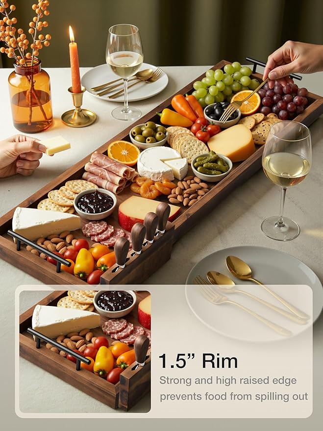 TIDITA Acacia Large Charcuterie Boards for Party with Cheese Knife Set of 4 – Acacia Wood Serving Tray with Handles, Long Charcuterie Board, Wooden Cheese Board (Walnut Color, 36 Inch)