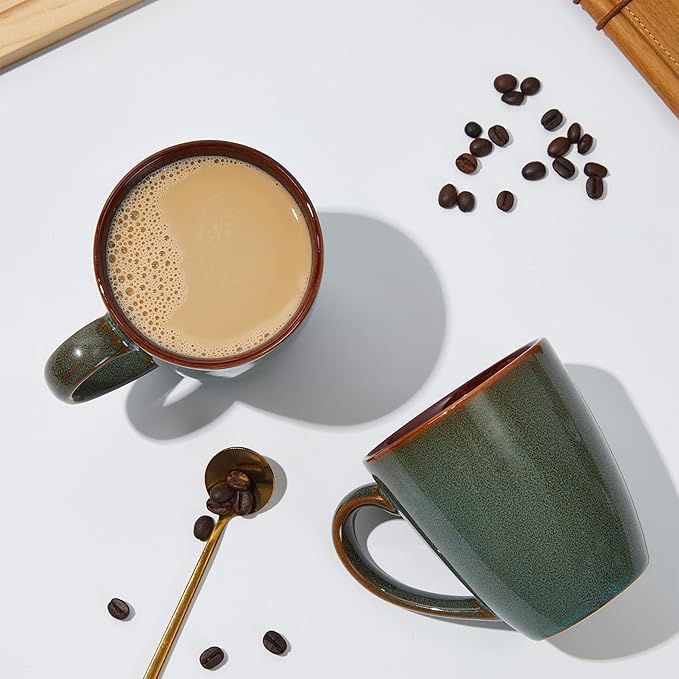 Pokini Coffee Mug 14 oz, Ceramic Coffee Mugs Set of 6, Reactive Glaze Mug for Latte/Tea/Cappuccino, Large Stackable Mug Set for Men, Women, Dad, Mom, Dishwasher & Microwave Safe, Brown Green