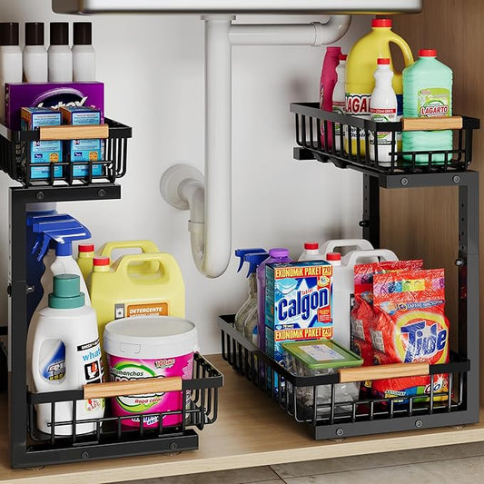 Under Sink Organizer Storage for Families: Pull Out Storage Undersink Organizers Drawer Cabinet - Sliding 2 Tier Rack Metal Organization Under Counter Kitchen Bathroom for Homemakers(Black,2 Pack)