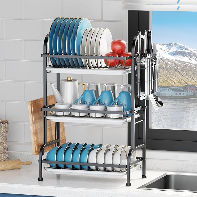 KUK 3 Tier Dish Drying Rack, Stainless Steel Over The Sink Dish with Drain Tray, Kitchen Dishes Drying Racks, Dish Racks for Kitchen Counter Storage (Black)