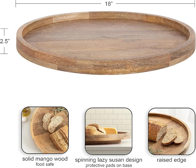 Kate and Laurel Halsey Round Lazy Susan Tray Organizer; 18 Inch Diameter; Natural Brown; Transitional Round Countertop Organizer with Turning Lazy Susan for Kitchen Storage
