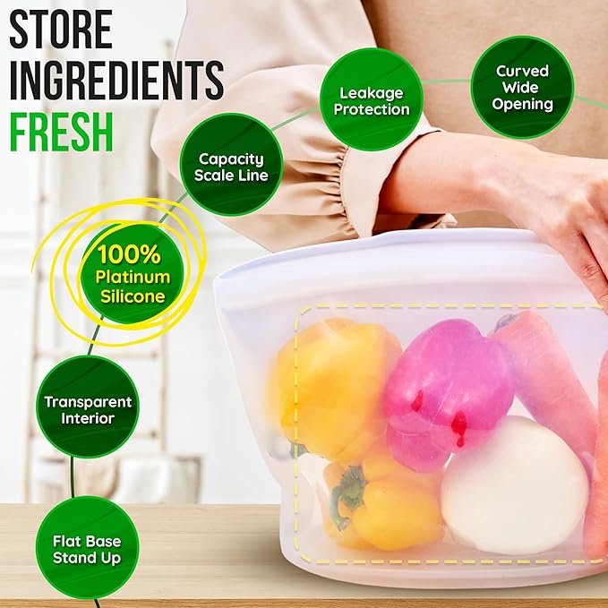Reusable Silicone Food Storage Bag, 6 Cups, Large Container, Made in Korea BPA-Free Platinum Silicone, Triple-Airtight Freezer Bag, Microwave Safe, Sous Vide, Meal Prep, 51oz, White | Reusable