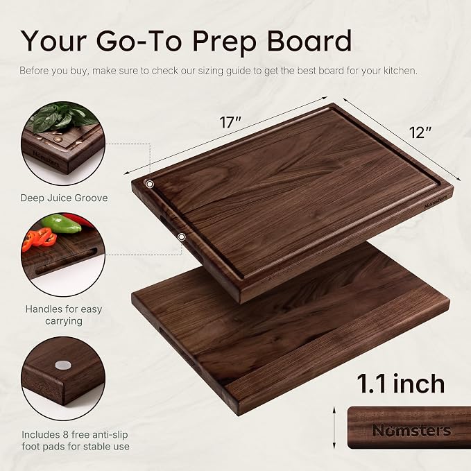 Luxury American Black Walnut Wood Cutting Boards for Kitchen, 17 Inch Reversible Wooden Cutting Board, Handcraft Solid Hardwood End Grain Charcuterie Board Butcher Block Made in USA Kitchen Gift