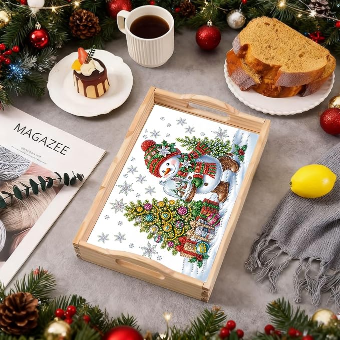 DIY Diamond Serving Tray with Handle Handmade Gem Painting Wooden Rectangular Breakfast Tray for Dinner Plate Coffee Room Living Home Organizer-Snowman