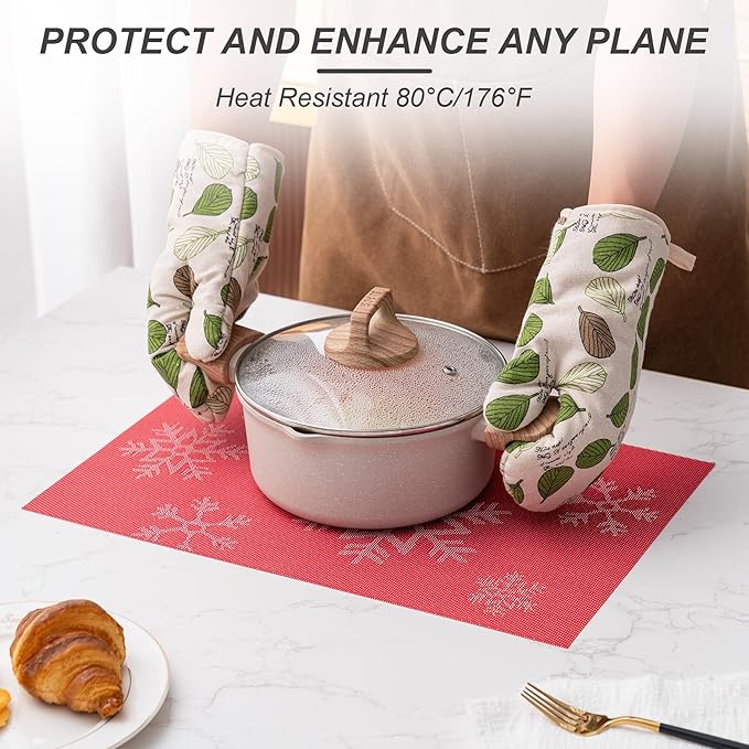 CADONO Placemats Set of 6 Washable Indoor/Outdoor Vinyl Place Mats for Dining Table Durable Non-Slip Heat Resistant PVC Weave Table Mats（Christmas Snow-Red）
