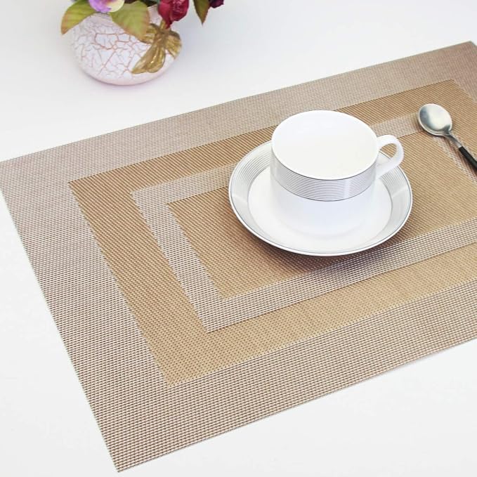 PIGCHCY Placemats Set of 6,Washable Woven Vinyl Kitchen Table Mats Non Slip Durable Placemats,Heat Resistant Placemats for Dining Table (Champagne)