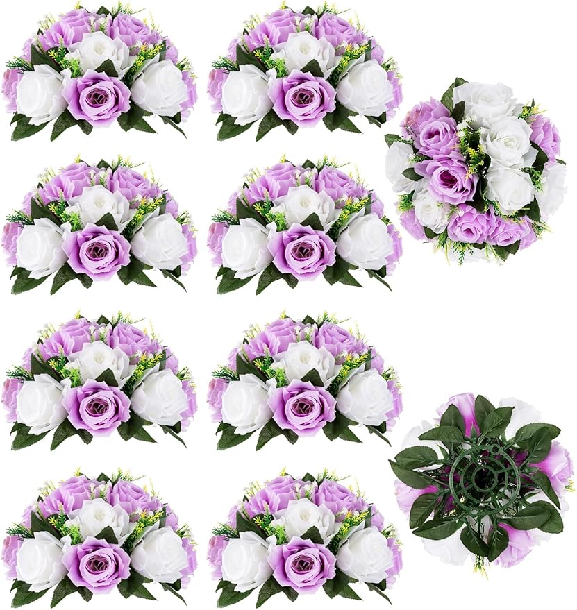 BLOSMON Lilac Flowers Balls for Centerpieces: 10 Pcs Purple White Fake Roses Flower for Wedding Table - Artificial Silk Kissing Bouquet Floral Arrangement Center for Home Party Event Decor | Purple White artificial Floral Arrangement for Wedding - Faux...