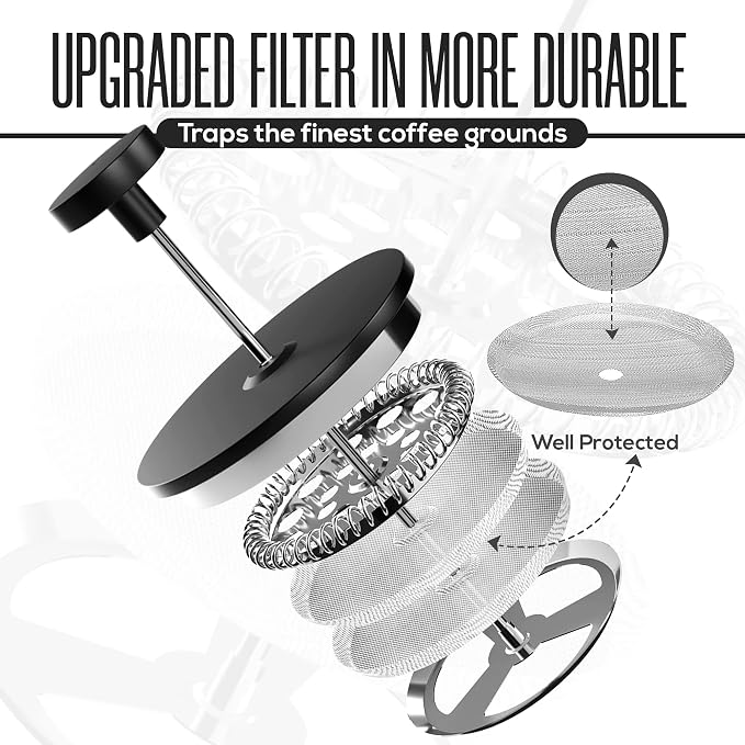 Utopia Kitchen 304 Grade Stainless Steel French Press 17 Oz, Black | Double Wall Insulated Coffee Press with 4-Level Filtration System, Include 2 Extra Filters, Rust-Free, Dishwasher Safe