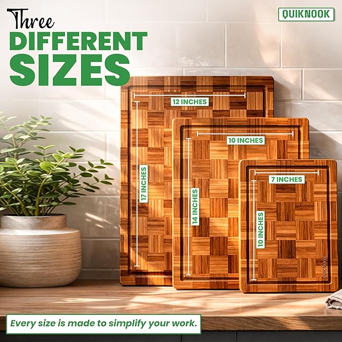 Pack of 3 Pre-Oiled Bamboo Cutting Board Set with holder | Extra Thick End Grain Bamboo Wooden Cutting Board for kitchen with Deep Juice Grooves | Non Toxic Chopping Board Set with Build-in Handles
