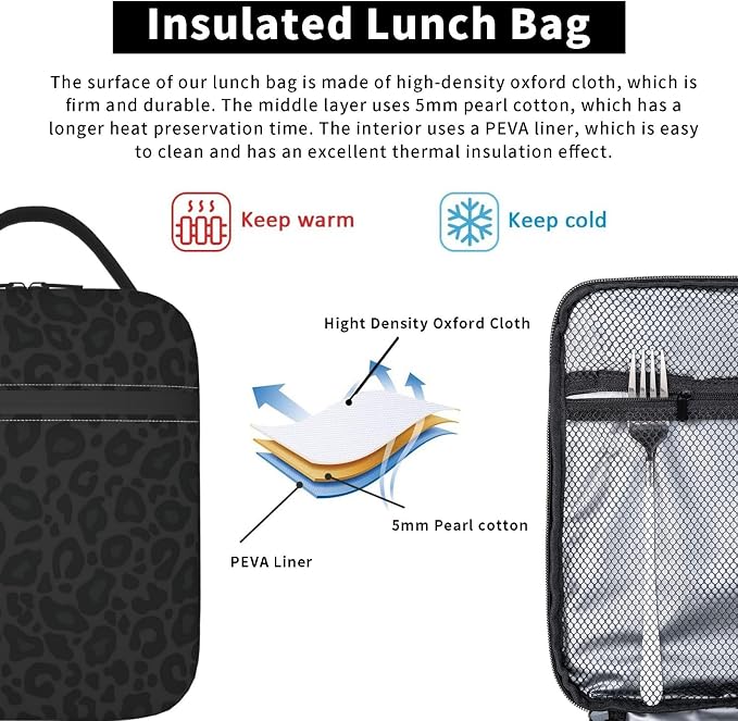 Black Leopard Cheetah Print Animal Skin Print Insulated Lunch Bag Portable Reusable Zipper Lunch Box For Men Women Work Picnic Travel Camping