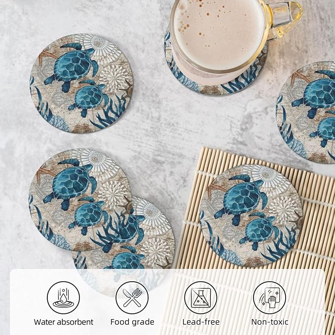 Nautical Coastal Green/Blue Turtle 6 Pcs Ceramic Coaster Set with Holder/Cork Ocean Beach Funny Man Boy Teen Animal Absorbent Round Cup Drink Coasters Set for Modern Coffee Table Bar Wine Beer Protect