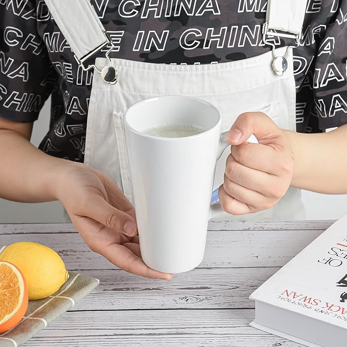BYCNZB 16oz White Funnel Ceramic Tall Coffee Mugs for Coffee, Tea, Cocoa, Latte, Milk set of 4