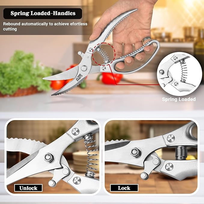 Heavy Duty Poultry Shears – Professional Stainless Steel Kitchen Scissors for Chicken, Turkey, Bone, Meat & Fish – Spring Loaded Spatchcocking Shears – Dishwasher Safe with Safety Lock