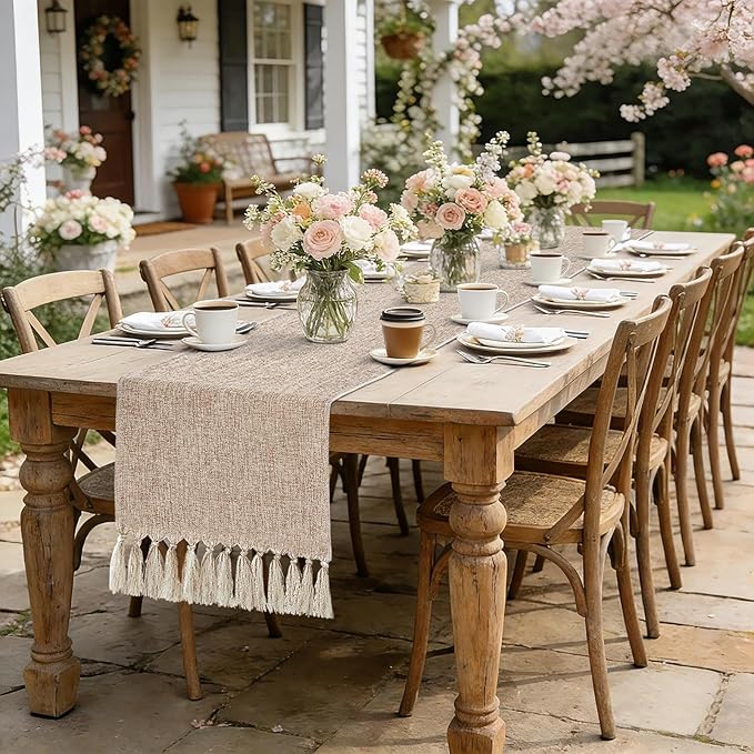 yuboo Boho Table Runner 90 inches Long- Rustic Burlap Linen Table Runner for Spring Wedding Decor, Bohemian Dresser Runners for Bedroom, Dining Table,Kitchen