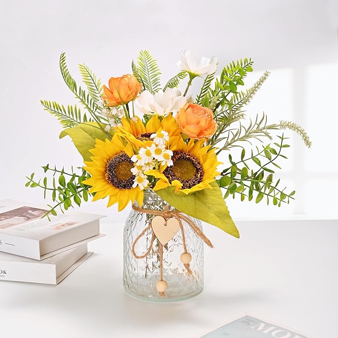 LUEUR Artificial Faux Flowers in Vase for Home,Silk Sunflower Bouquet Fake Flowers with Pot Silk Sunflower Arrangement with Vase Suitable for Fall, Spring Decor Office Decoration Table Cenerpiece