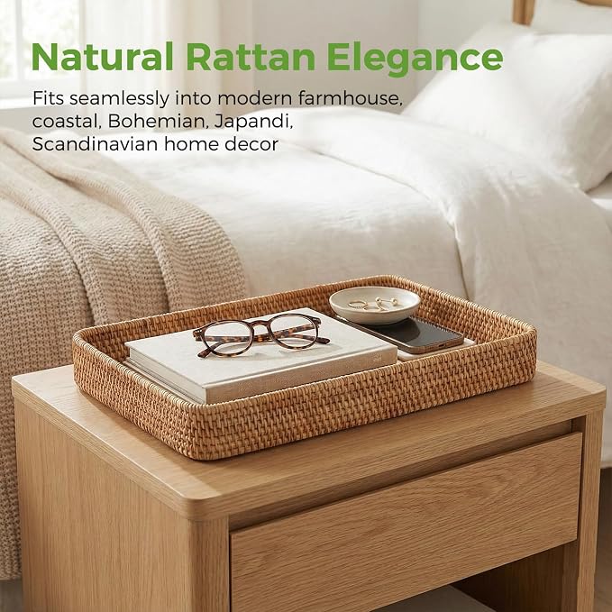 Wicker Storage Basket, Rattan Tray Rectangular for Bathroom Living Room, Decorative Serving Woven Trays Wicker Baskets for Organizing, Woven Seagrass Tray for Storage Home Decor L(14.6" × 9.1")