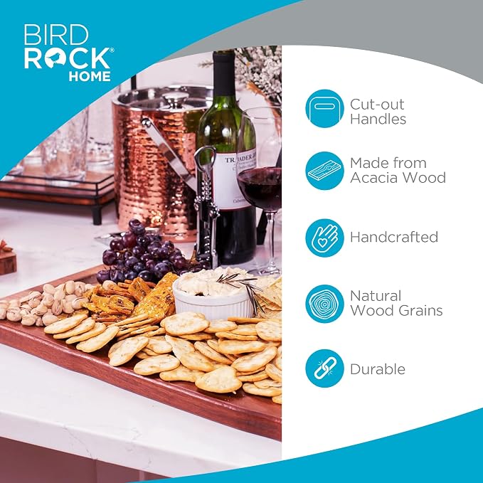 BIRDROCK HOME Acacia Wooden Cheese & Charcuterie Board with Handles 22" | Rectangular Food Platter for Bread, Meat, or Appetizers | Natural Wood Serving Tray Cutting Board for Kitchen & Outdoor Use