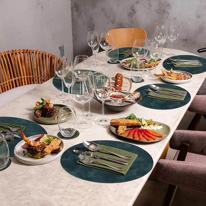 ADRIMER Placemats, Heat Resistant Round Placemats Set of 8 Washable, Waterproof Table Mats, Wipeable Faux Leather Place Mats for Kitchen, Dining Room, Dark Blue