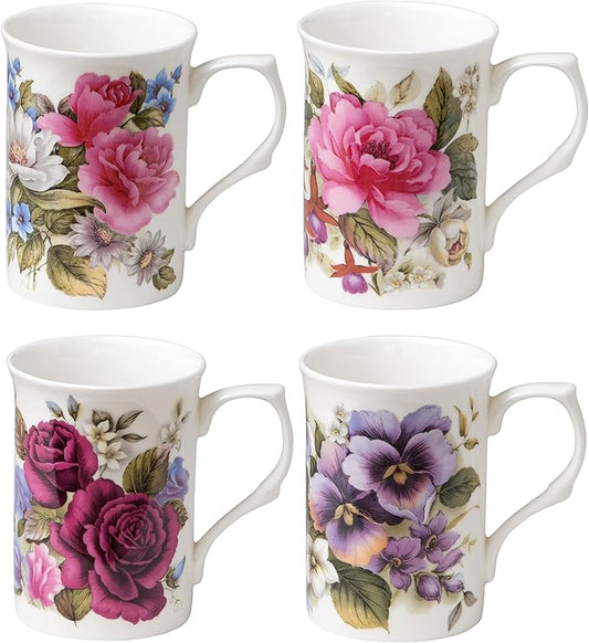 Bone China Coffee Tea Mugs 9-Ounce, Assorted Set of 4 (Classic Floral)
