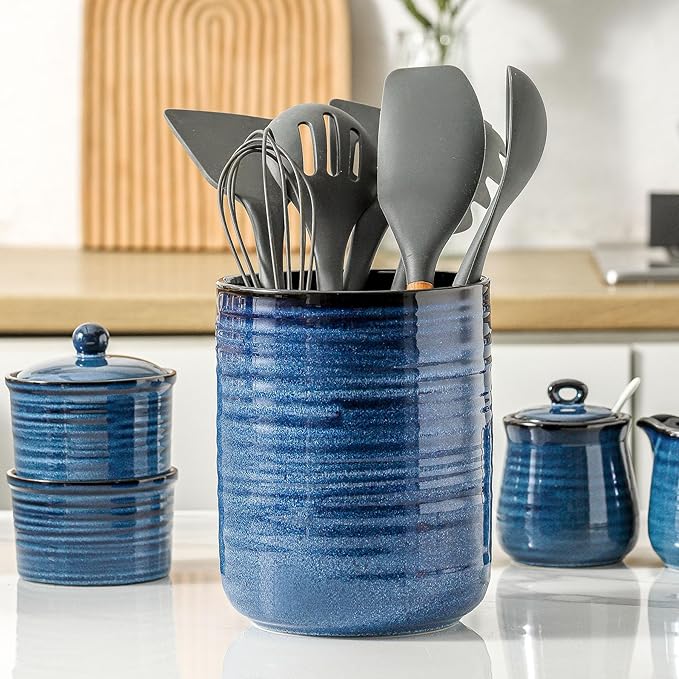HASENSE Ceramic Kitchen Utensil Holder, 7.4" x 6.2" Large Countertop Utensil Crock, Stable Cooking Utensil Organizer for Spatulas, Spoons, Whisks & Tools, Modern Blue Kitchen Decor