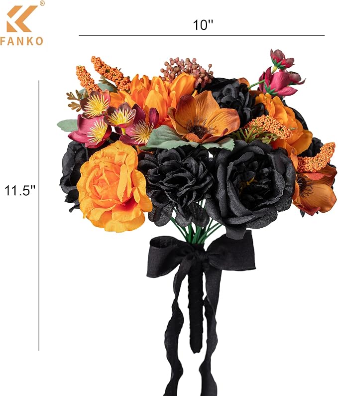 FANKO Artificial Flowers for DIY, Black Orange Faux Flowers Bouquet, Fake Rose Poppy Silk Flowers for Vase, Home Decor, Celebrations, Summer Wedding, Gothic Events, Party