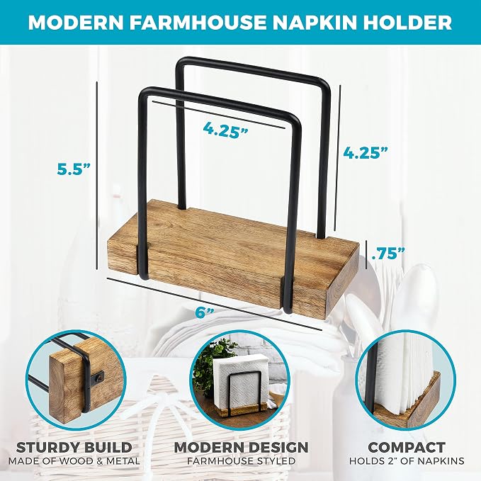Tribello Modern Farmhouse Napkin Holder, Standing Vintage Napkin Holder for Tables, Steel And Wooden Base Kitchen & Dining Room Decor