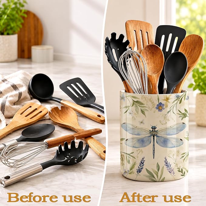 Dragonfly Utensil Holder for Countertop,Flower Plant Retro Ceramic Utensil Crock Organizer for Home Kitchen Spoons,Spatulas and Cooking Tools