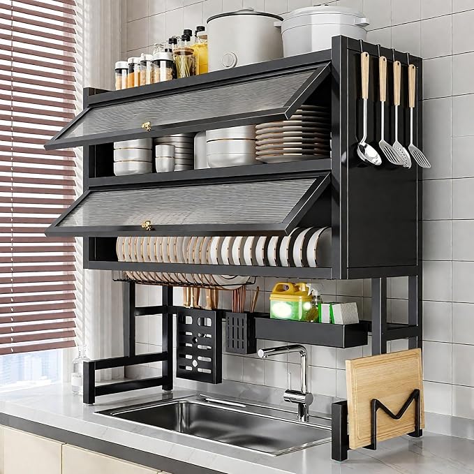 Over The Sink Dish Drying Rack Space-Saving 3 Tier with Cover Dish Rack with Dustproof Cover and Knife Holder Large Capacity Kitchen Organizer for Plates, Bowls, and Pots(Black,75cm)