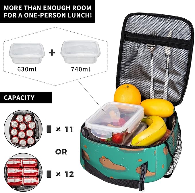Gianlaima Cute Capybara Play Eat Food Insulated Lunch Box For Women Man, Portable Lunch Bag Reusable Cooler Tote For Office Work Travel Picnic Camping Beach