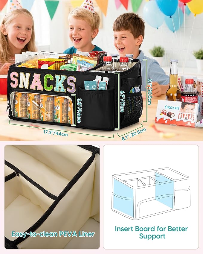 Fasrom Large Snack Organizer for Countertop, Chenille Letter Snack Basket Organizer with 6 Compartments, Pantry Storage Bin with Handles, Food Container Snack Box for Chips, Candy, and Snacks, Black