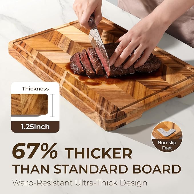 Teak Wood Cutting Board for Kitchen Extra 20'' Large End Grain Heavy Duty Checkered Wooden Cutting Board Non Toxic Herringbone Non Slip Charcuterie Butcher Block Juice Groove Handle Gift Box