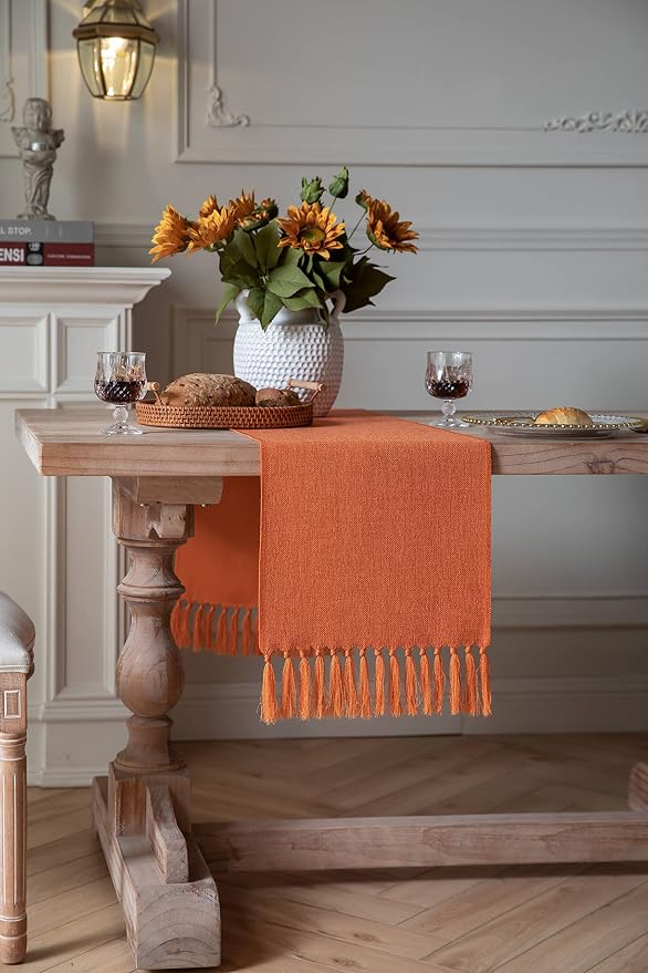 ZeeMart Burnt Orange Table Runners 72 Inches Long, Burlap Linen Style Rustic Farmhouse Fall Table Runner, Boho Woven Dining Table Runner, 13x72 Inches, Harvest Pumpkin