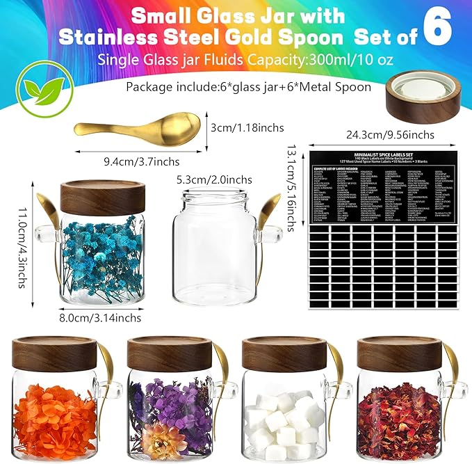 10 oz Small Glass Jar with Spoon and Airtight Wood Lids set of 6,Sugar Ground Herb Canister Round Food Storage Container for Spice Jams Coffee Pasta Candy Rice Loose Tea (300ml/10oz-6Pack)