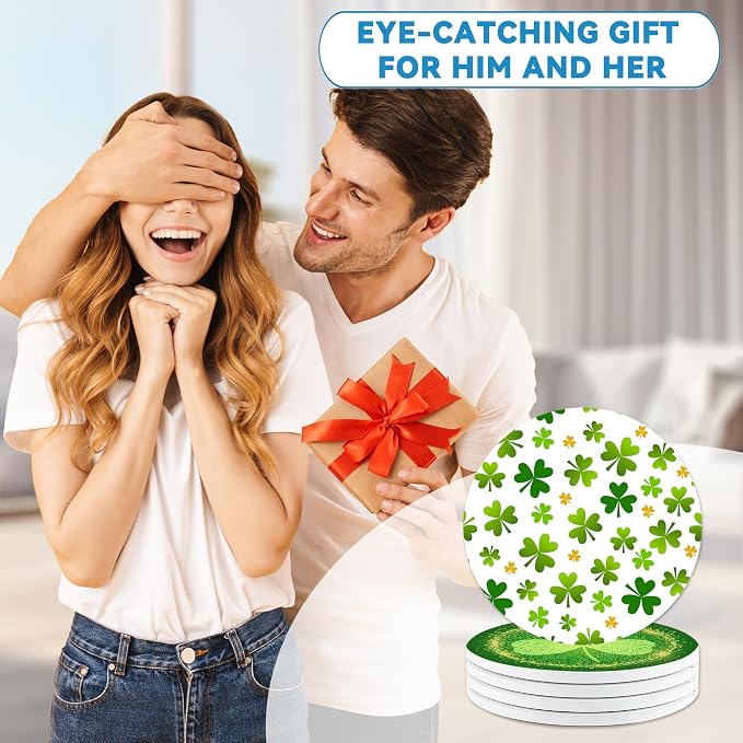 Drinks Coasters Set of 4, St. Patrick's Day Green Round 4" Cup Coasters, Absorbent Ceramic Stone Coasters with Cork Base, Cute Coasters for Table Home Décor, Ideal Gifts for Women Men