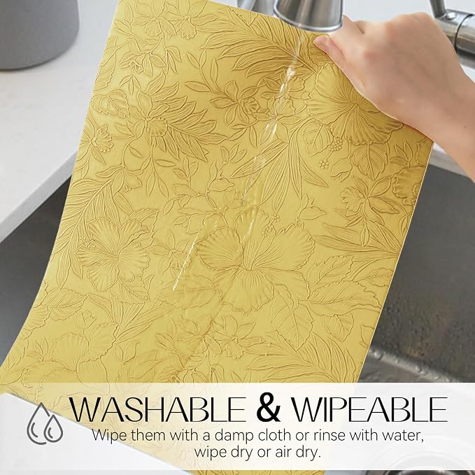 Romanstile Vinyl Placemats Set of 8-12 X 17 Inch - Heat Resistant Non-Slip Embossed Floral Place Mats 100% Waterproof Oilproof Wipeable Faux Leather Table Mats for Kitchen/Dining/Party, Yellow