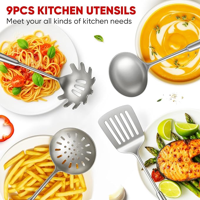 Newness 9 Pcs Cooking Utensils Set, 304 Stainless Steel Kitchen Utensils Set, Metal Kitchen Accessories, Include Soup Ladle, Slotted Skimmer Spoon, Spaghetti Spoon and Spatula, Dishwasher Safe (Short)