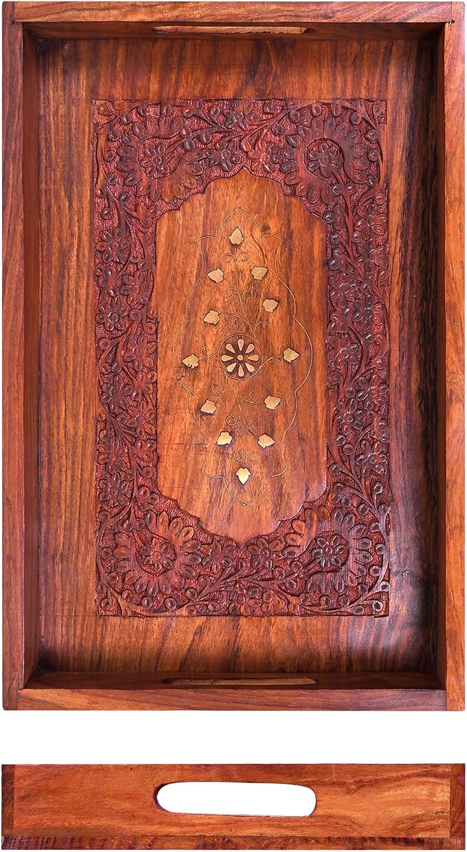 15-Inch Acacia Wood Serving Tray with Handles – Large Rectangular Wooden Ottoman Tray for Breakfast in Bed, Dinner & Coffee Table - Decorative Serving Platter