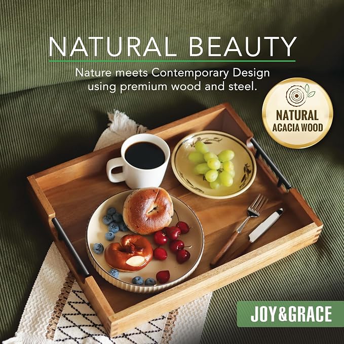Joy&Grace Ottoman Tray for Living Room, Large Acacia Wooden Serving Tray with Handles for Coffee Table, Breakfast in Bed, Food Dinner, Decorative Tray (Color Natural, 16.7" x 12.8" x 2")