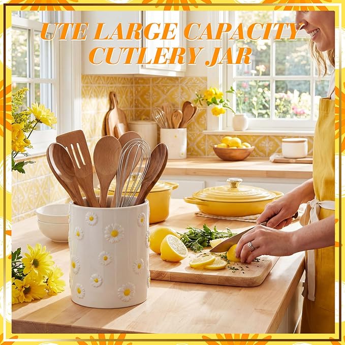 LemonRoad Daisy Utensil Holder for Kitchen Counter,Ceramic Cooking Utensil Crock Modern Farmhouse Countertop Organizer for Spatula Ladle Kitchen Counter Decor